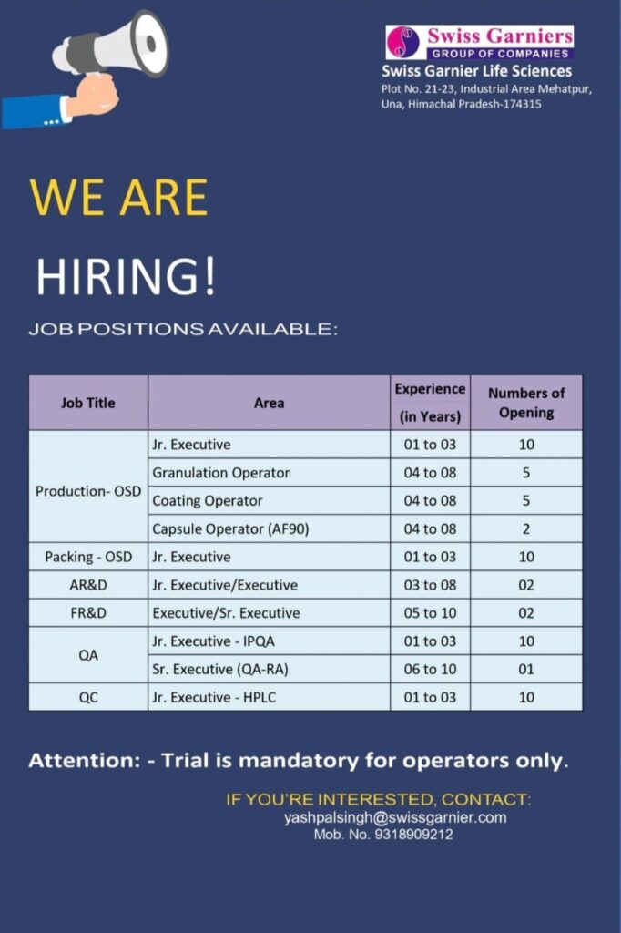 Swiss Garnier Hiring for Production, QA, QC & R&D Departments – Multiple Openings