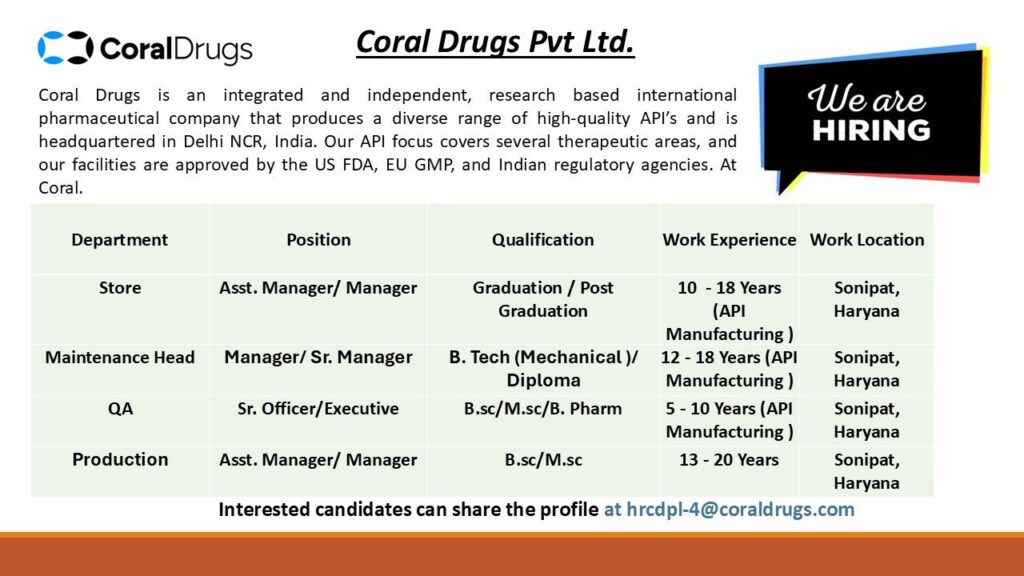 Coral Drugs Pvt. Ltd. – Hiring for Multiple Departments