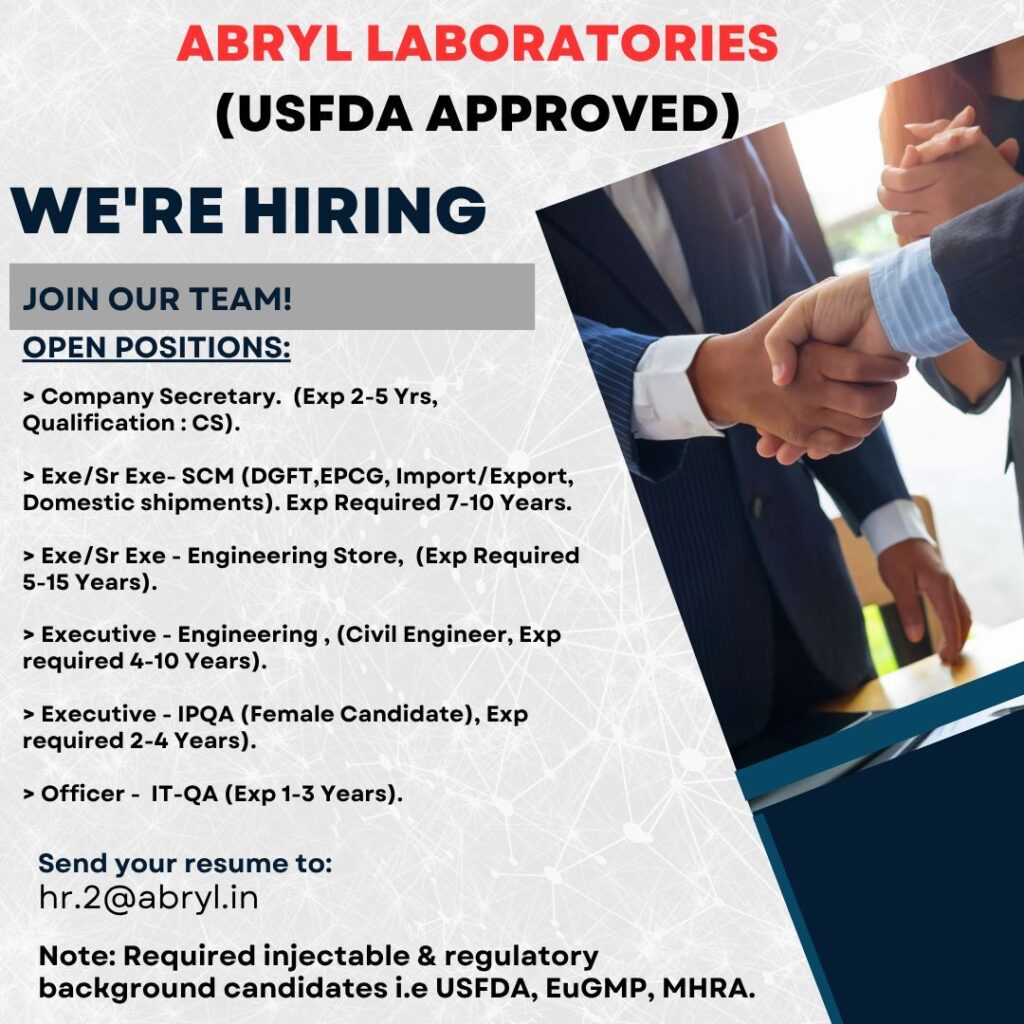 Abryl Laboratories Announces Hiring Drive for Multiple Positions in Regulatory-Compliant Roles