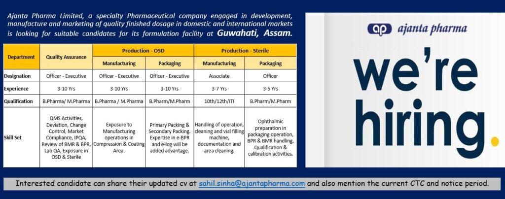 Ajanta Pharma Hiring for QA, Production (OSD & Sterile) Roles