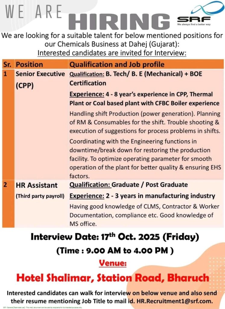 SRF Limited Announces Walk- In Interview