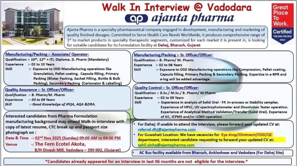Ajanta Pharma Announces Walk-In Interview for Multiple Roles