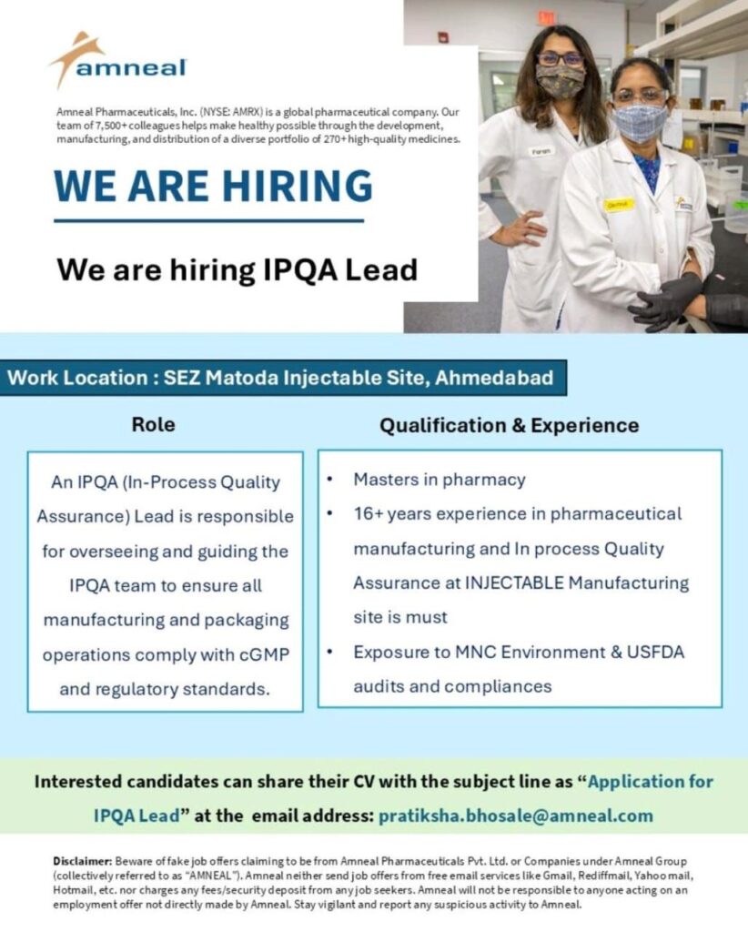 Amneal Pharmaceuticals Hiring IPQA Lead