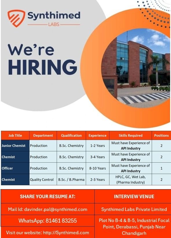 Synthimed Labs Hiring Chemists and Officers for Production & QC 
