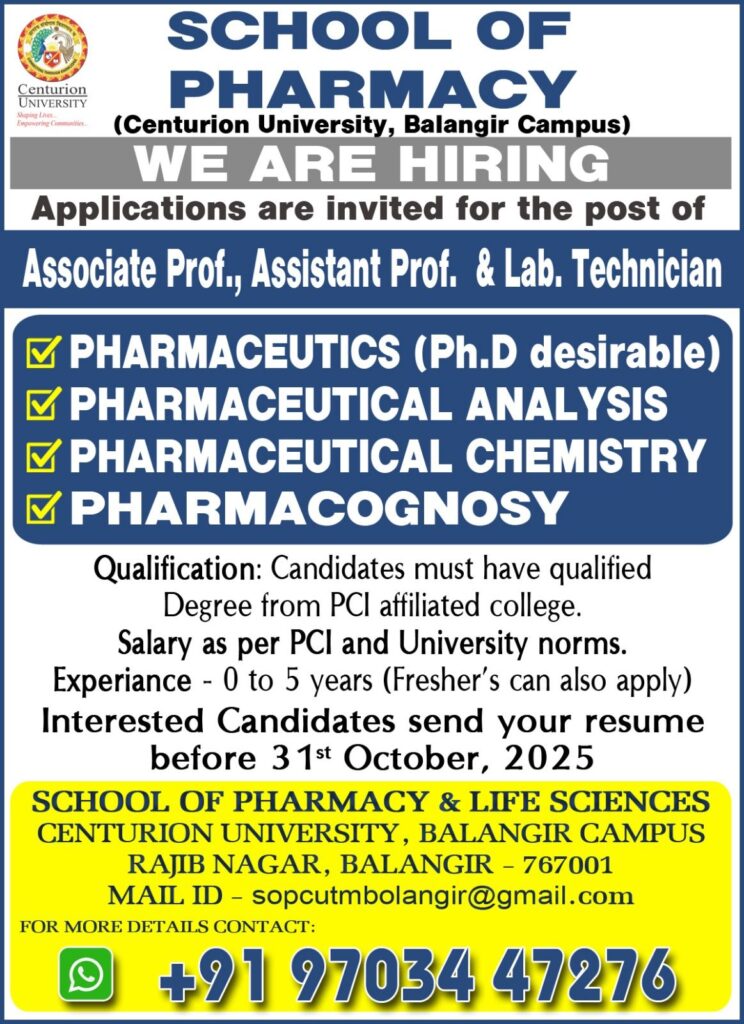 Faculty & Lab Technician Jobs at Centurion University Balangir