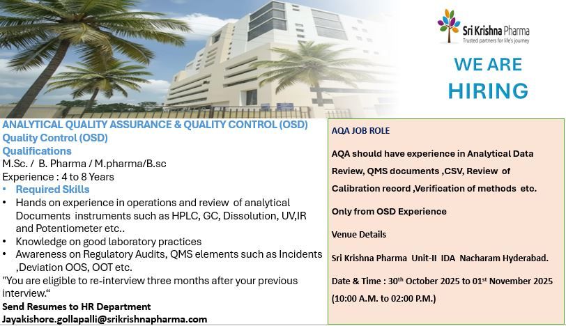 Sri Krishna Pharma Hiring for Quality Control & Analytical QA (OSD)