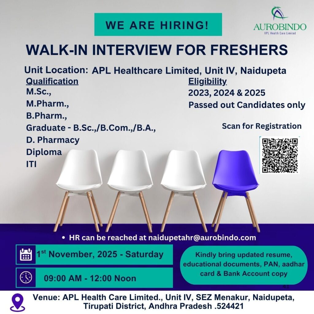 Aurobindo Pharma – Walk-In Interview for Freshers at Naidupeta