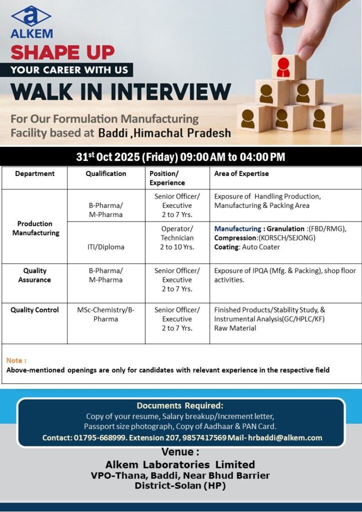 Alkem Laboratories Walk-In Interview 2025 | Baddi, Himachal Pradesh