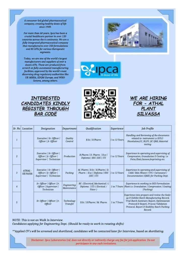 Ipca Laboratories Hiring for Athal Plant, Silvassa | Multiple Openings