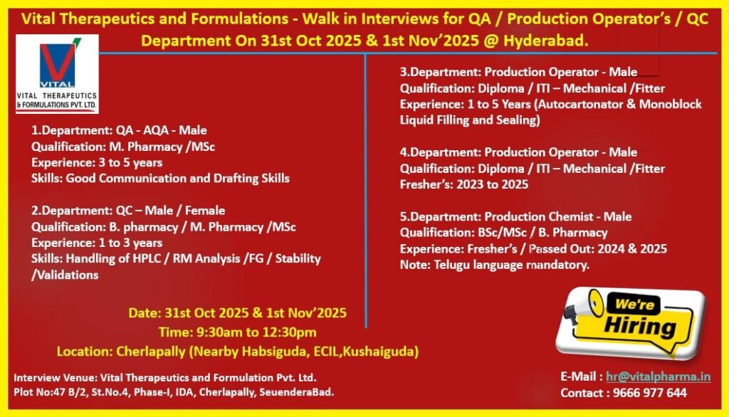 Walk-in Interviews at Vital Therapeutics, Hyderabad