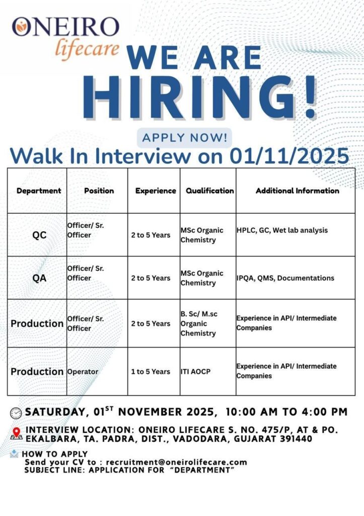 Join Oneiro Lifecare! Walk-in interview on 1 Nov 2025