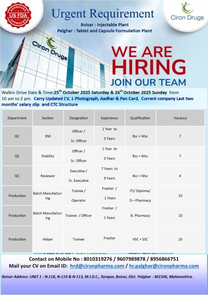 Ciron Drugs Walk-In Interview 2025 | Hiring for QC & Production