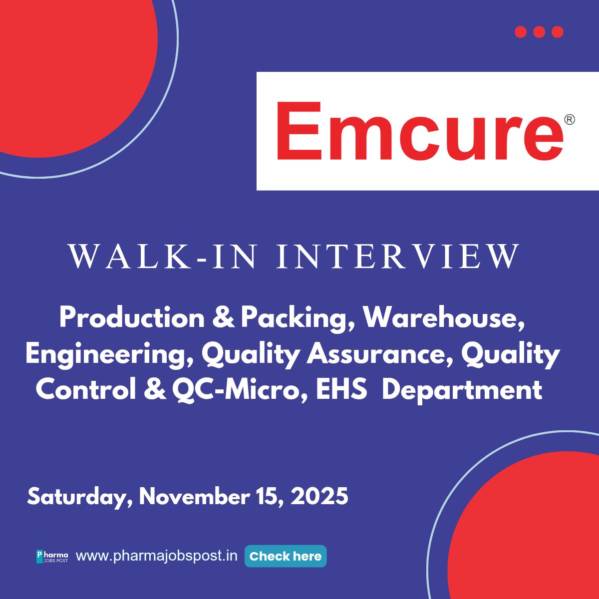 Emcure Pharmaceuticals Walk-in Drive on November 15 2025: Jobs at ...