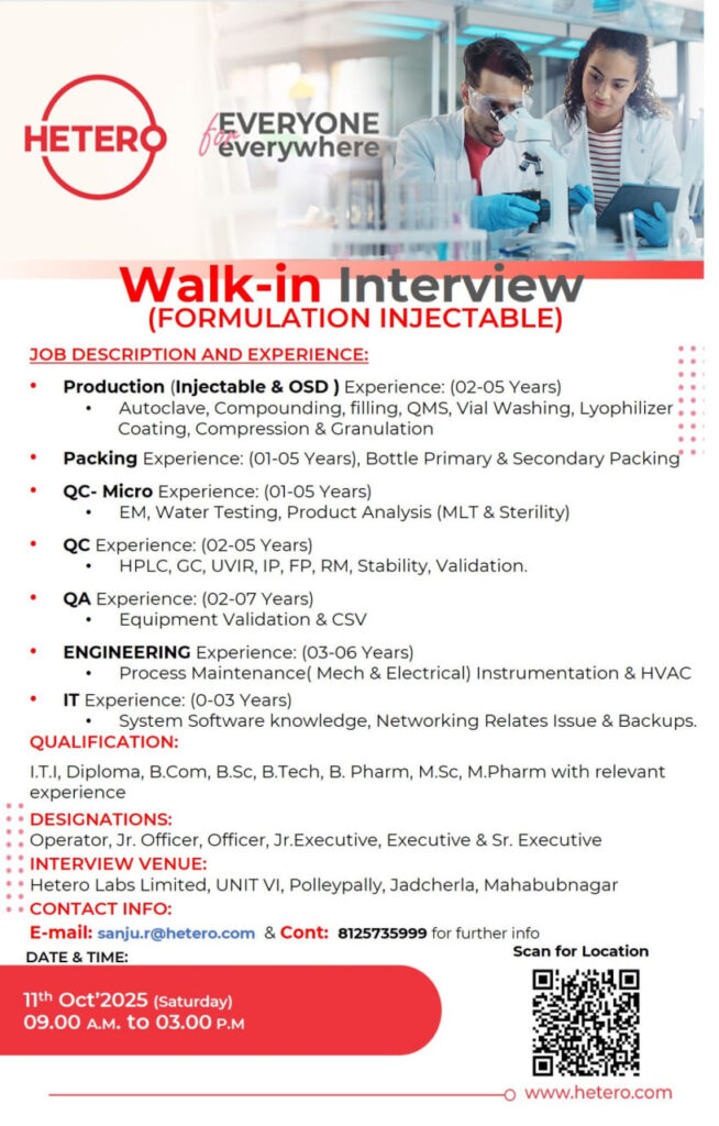Hetero Labs Walk-In Interview – Formulation Injectable | Multiple Openings