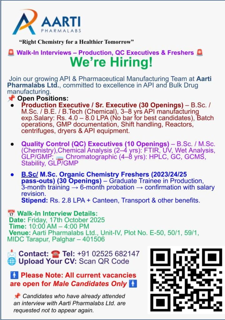 Walk-In Interviews at Aarti Pharmalabs Ltd. – Production, QC Jobs