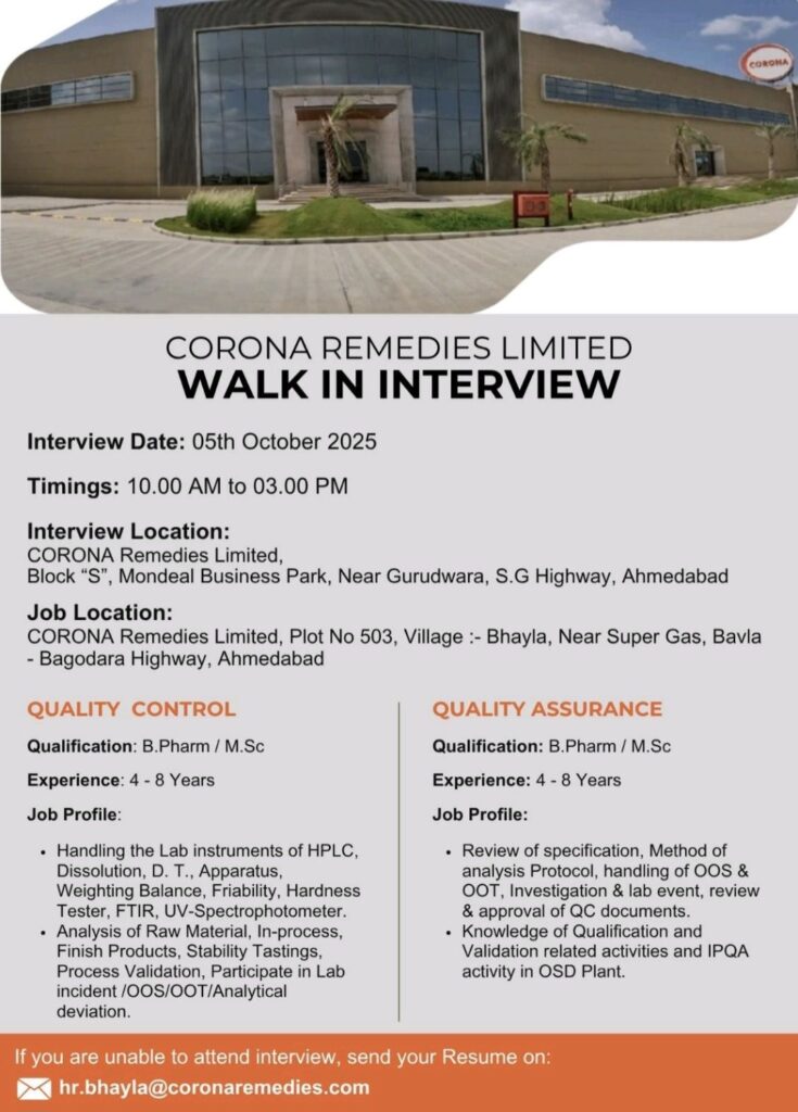 Corona Remedies Limited Announces Walk-In Interview for Pharma Professionals