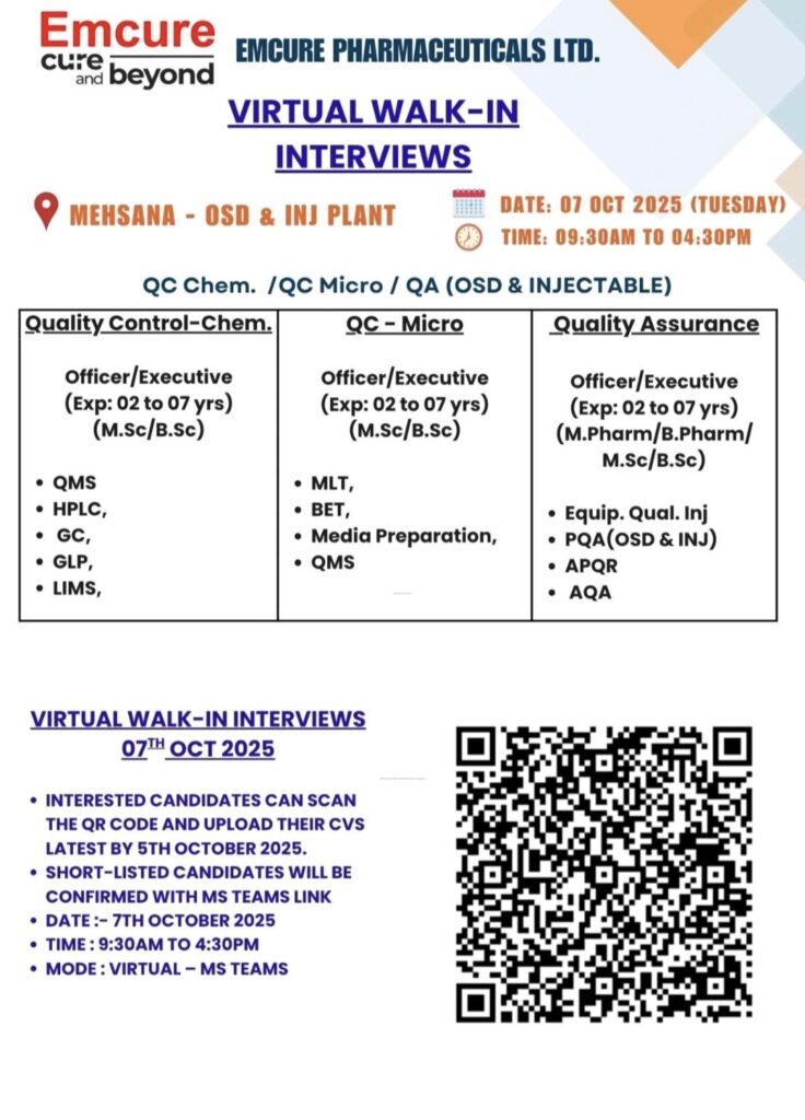 Emcure Pharmaceuticals Ltd. Announces Virtual Walk-In Interviews