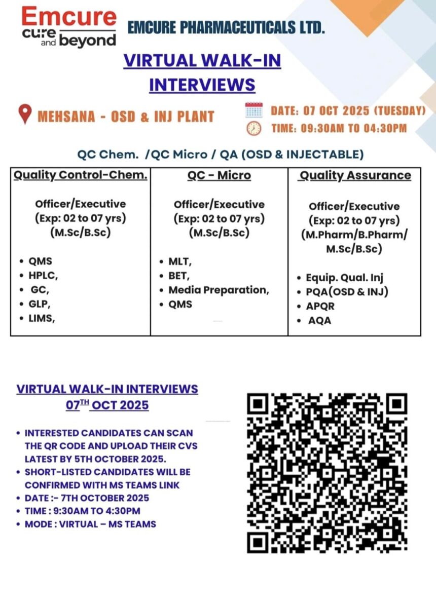 Emcure Pharmaceuticals Ltd. Announces Virtual Walk-In Interviews for QC ...