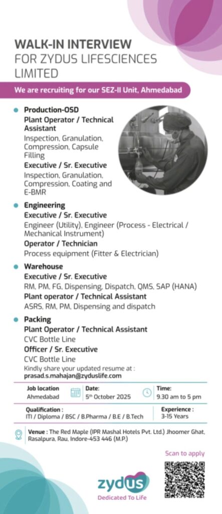 Zydus Lifesciences Walk-In Interview 2025 in Indore for Ahmedabad SEZ-II Unit