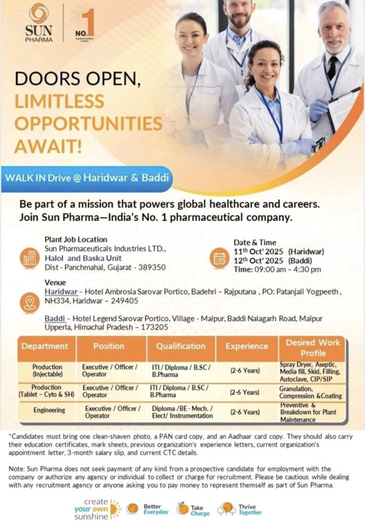 Sun Pharma Announces Walk-In Drive at Haridwar & Baddi