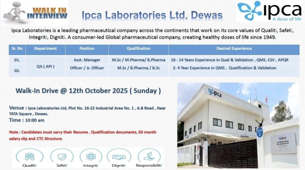 Walk-In Interview at Ipca Laboratories Dewas