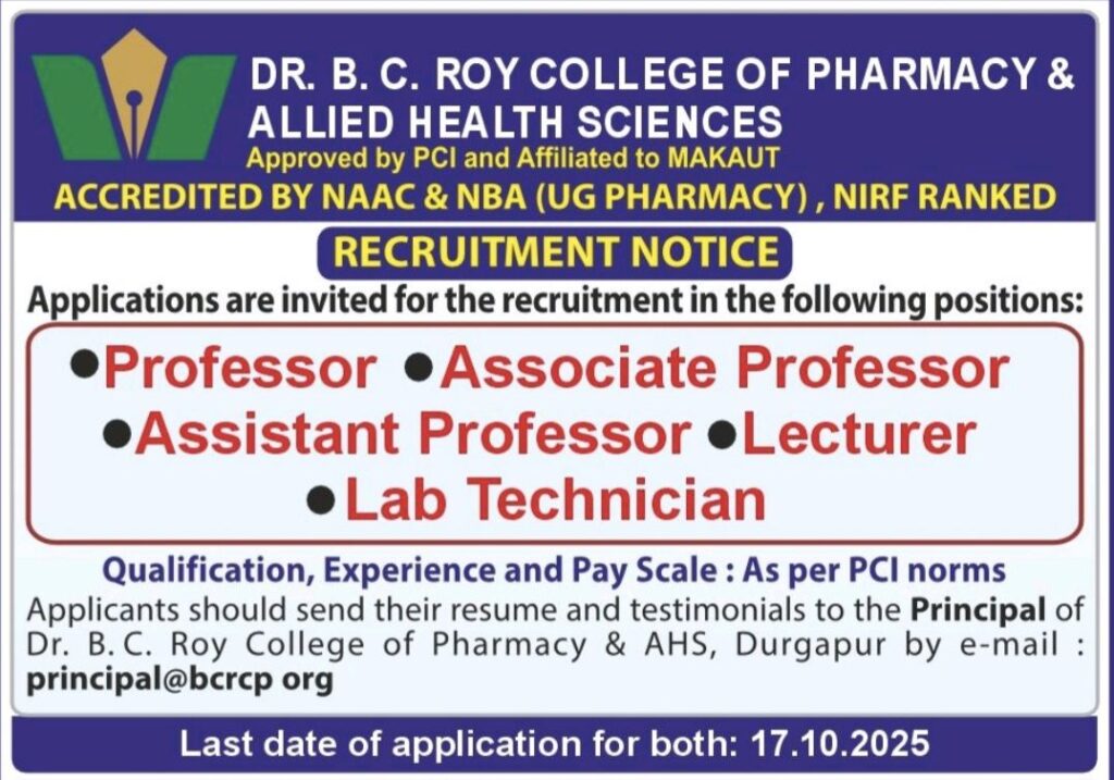 Dr. B.C. Roy College of Pharmacy & Allied Health Sciences Invites Faculty Applications