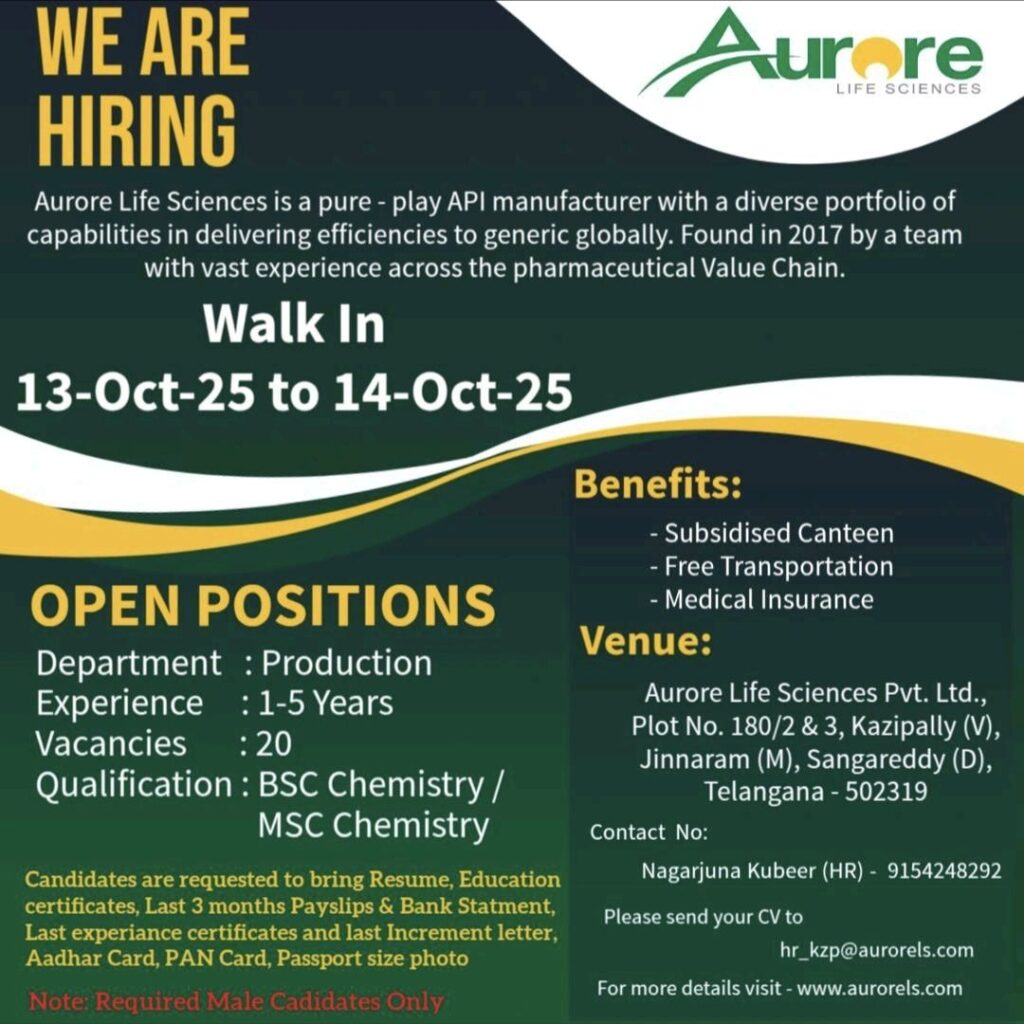 Aurore Life Sciences Hiring for Production Department – Walk-In Drive