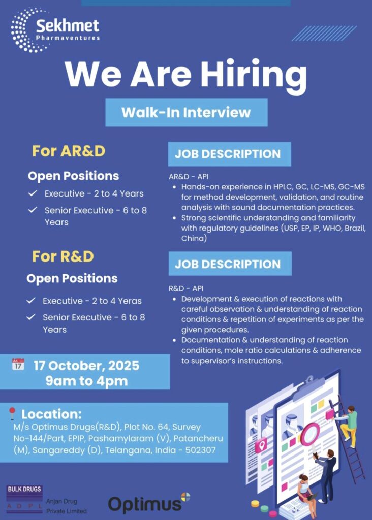 Sekhmet Pharmaventures Hiring for AR&D and R&D Dept