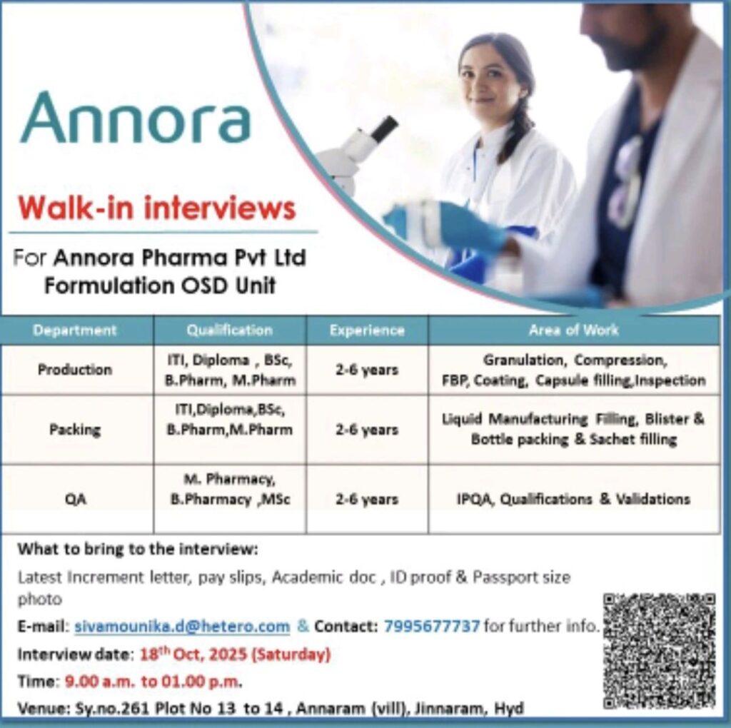 Annora Pharma Pvt Ltd Announces Walk-In Interviews for Multiple Roles