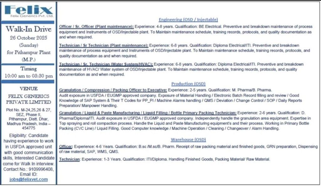 Felix Generics Pvt. Ltd. Announces Walk-In Drive for Multiple Vacancies