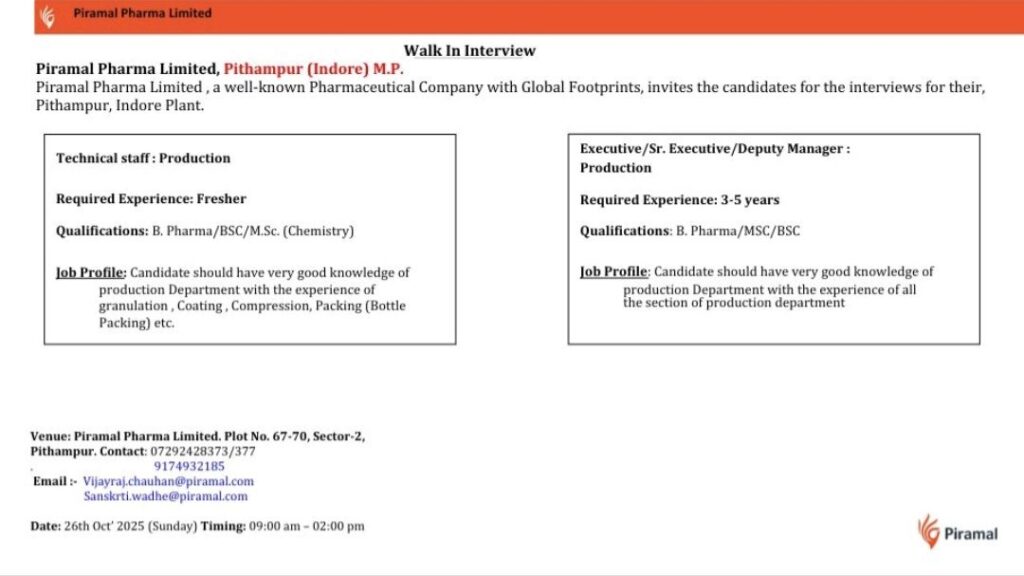 Piramal Pharma Walk-In Interview on 26th October 2025 Pithampur, Indore