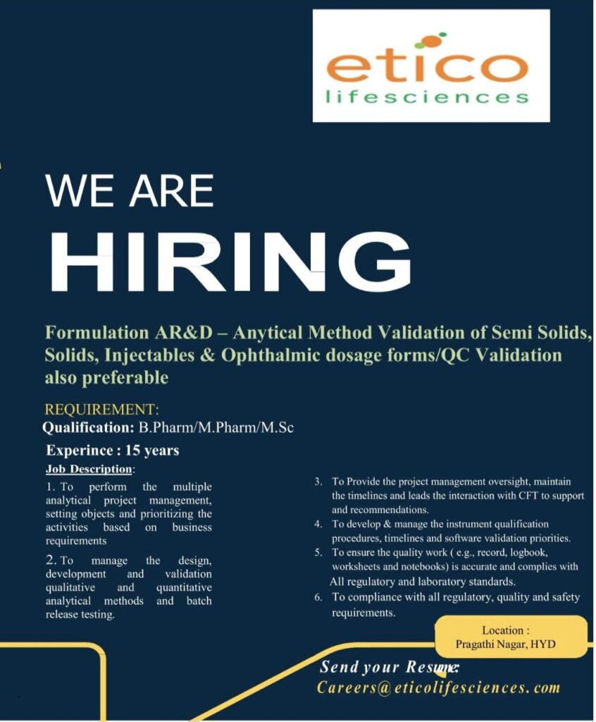 Etico Lifesciences Hiring Senior Formulation AR&D