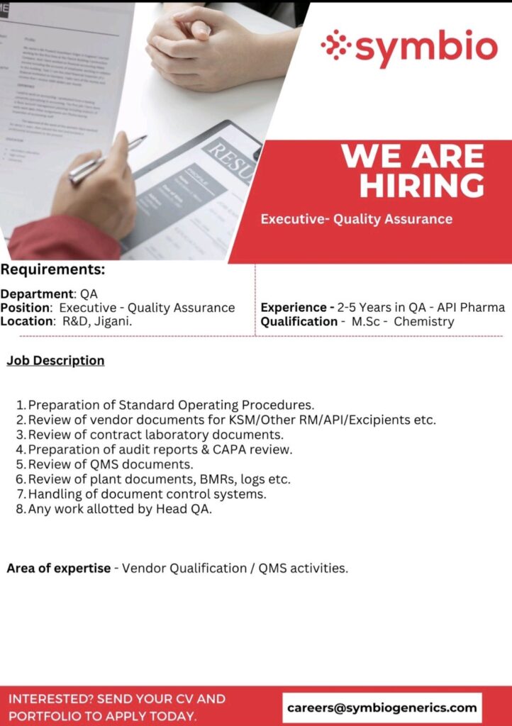 Symbio Generics Hiring Executive – Quality Assurance