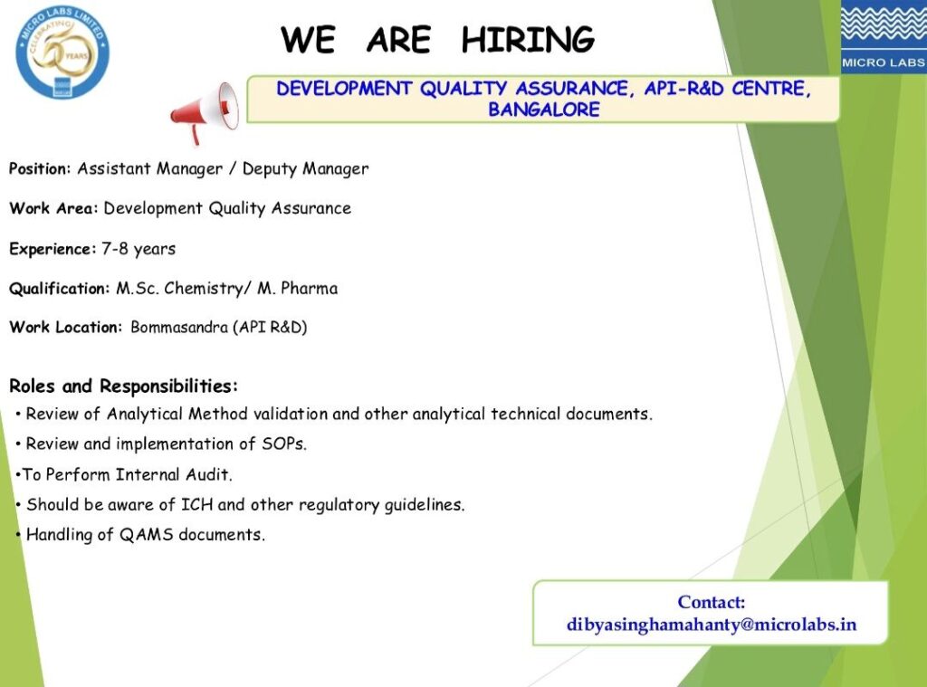 Micro Labs Hiring Assistant/Deputy Manager – Quality Assurance (API R&D)