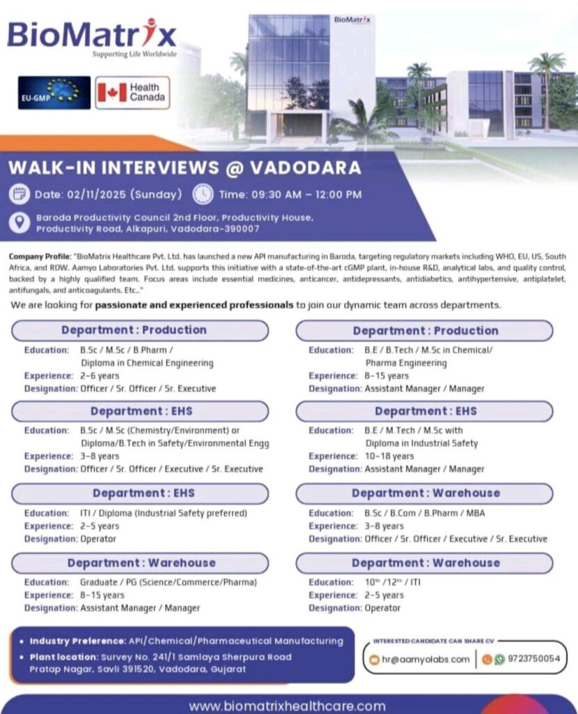 BioMatrix Healthcare Walk-in Interview in Vadodara on November 2, 2025