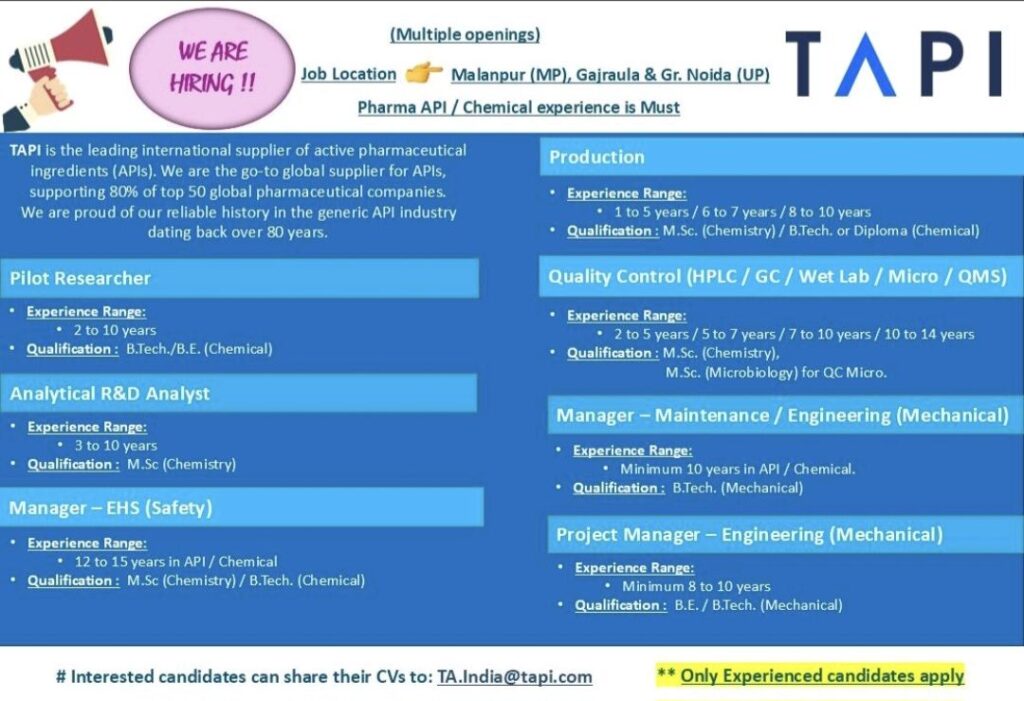 TAPI Careers India: Major Hiring for Experienced Professionals in Production, R&D, QC & Engineering