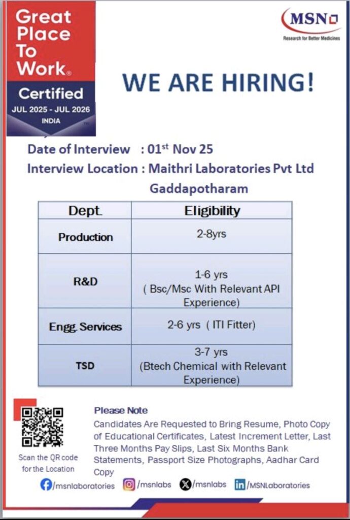 MSN Laboratories Walk-In Interview: Hiring for Production, R&D, Engineering & Technical Services 