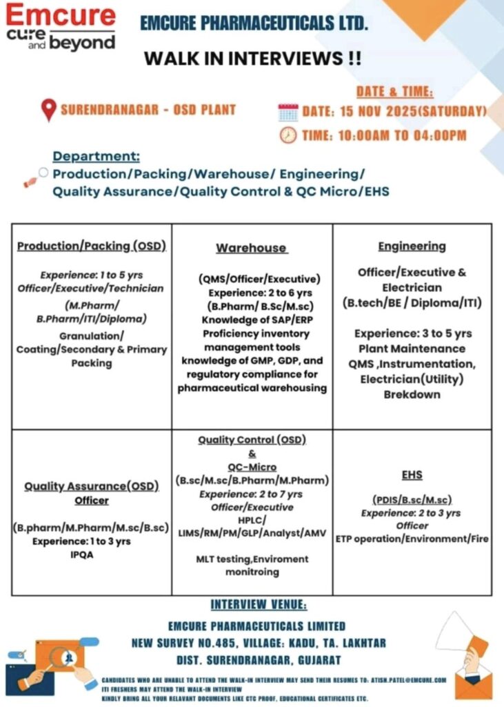 Emcure Pharmaceuticals Walk-in Drive on November 15 2025