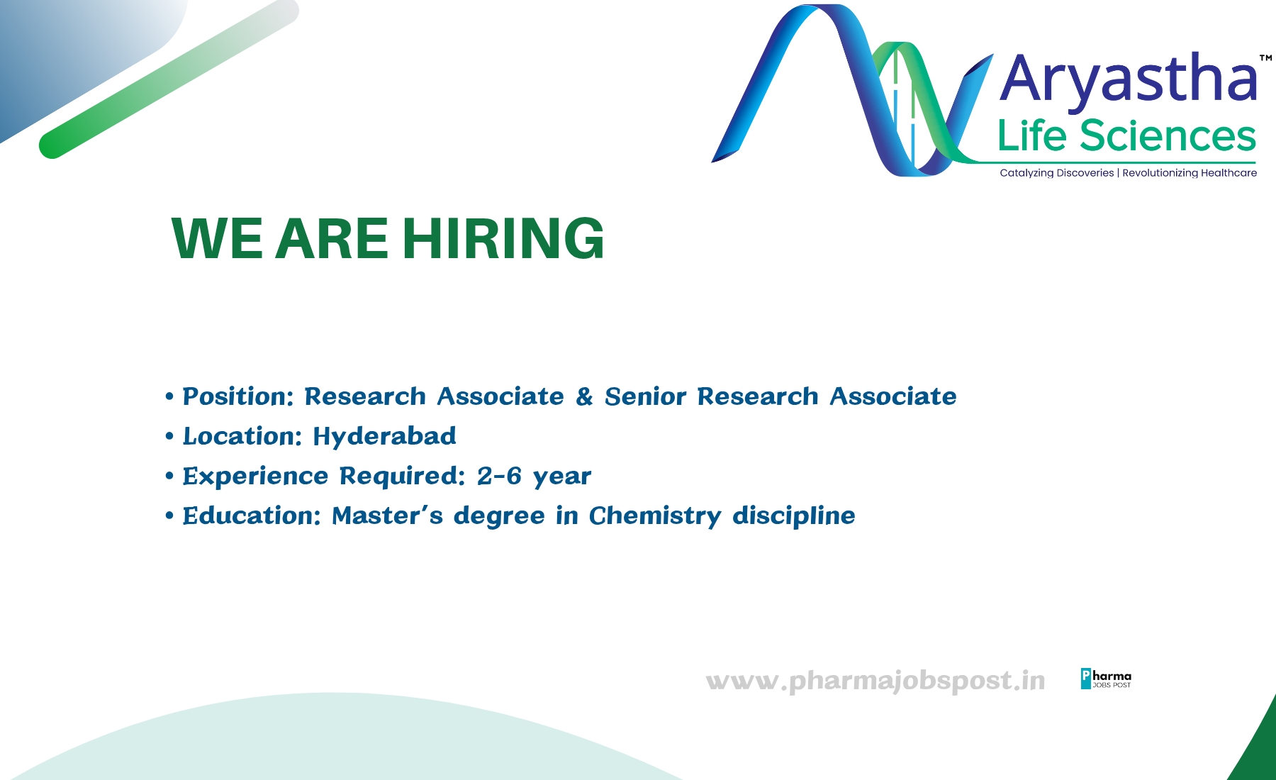 Aryastha Life Sciences Hiring Research Associates in Medicinal ...