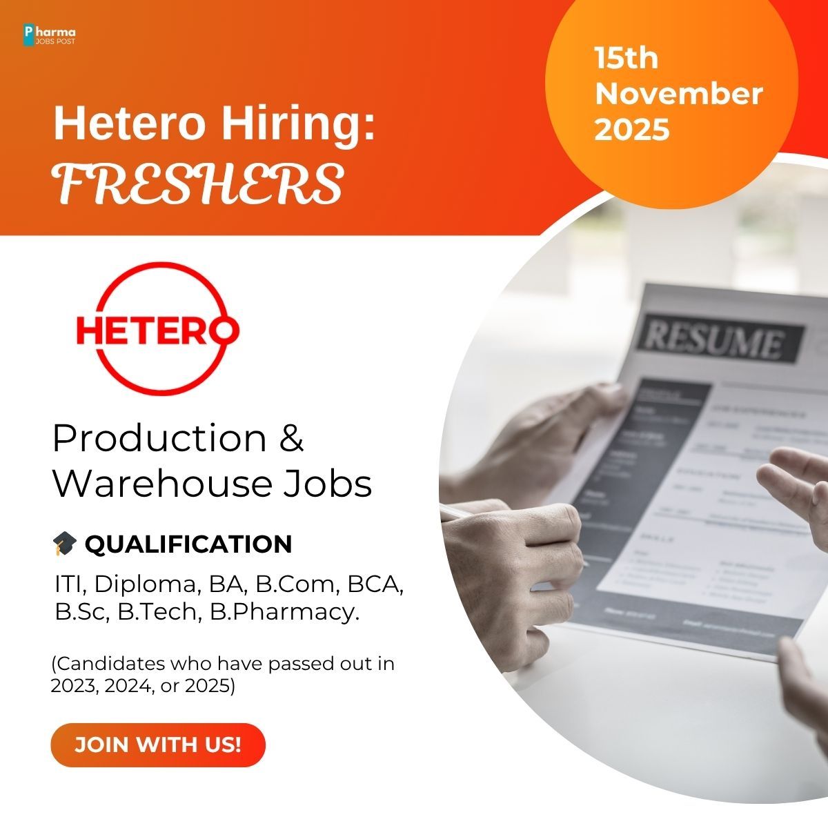 Hetero Pharma Freshers Walk-In Drive 2025 | Production & Warehouse Jobs ...