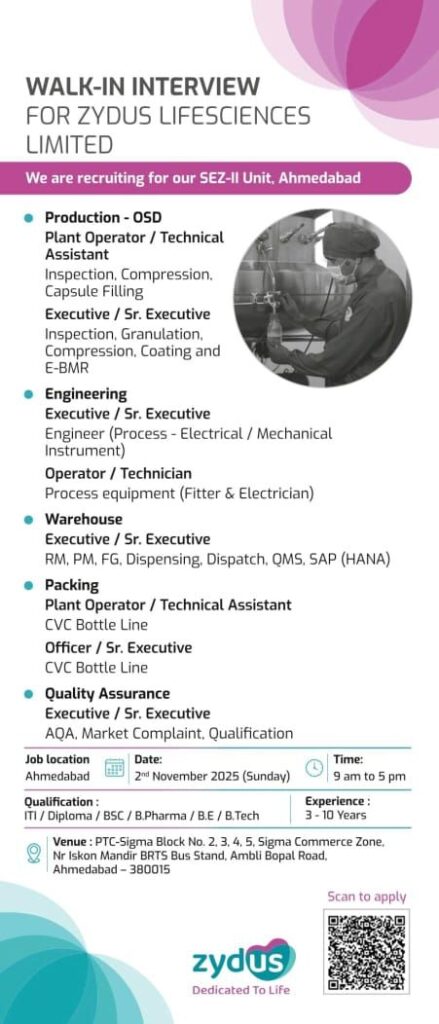 Zydus Lifesciences Limited Announces Walk-In Interview for SEZ-II Unit