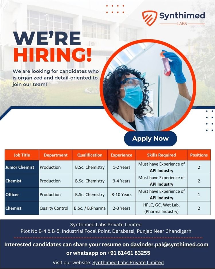 Synthimed Labs Recruitment – Production & QC Roles