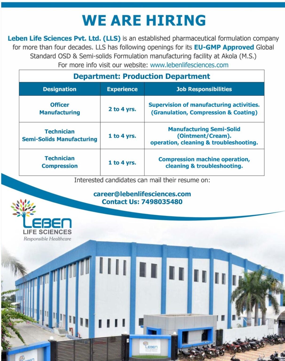 Leben Life Sciences Pvt. Ltd. Hiring for Production Department | Apply ...