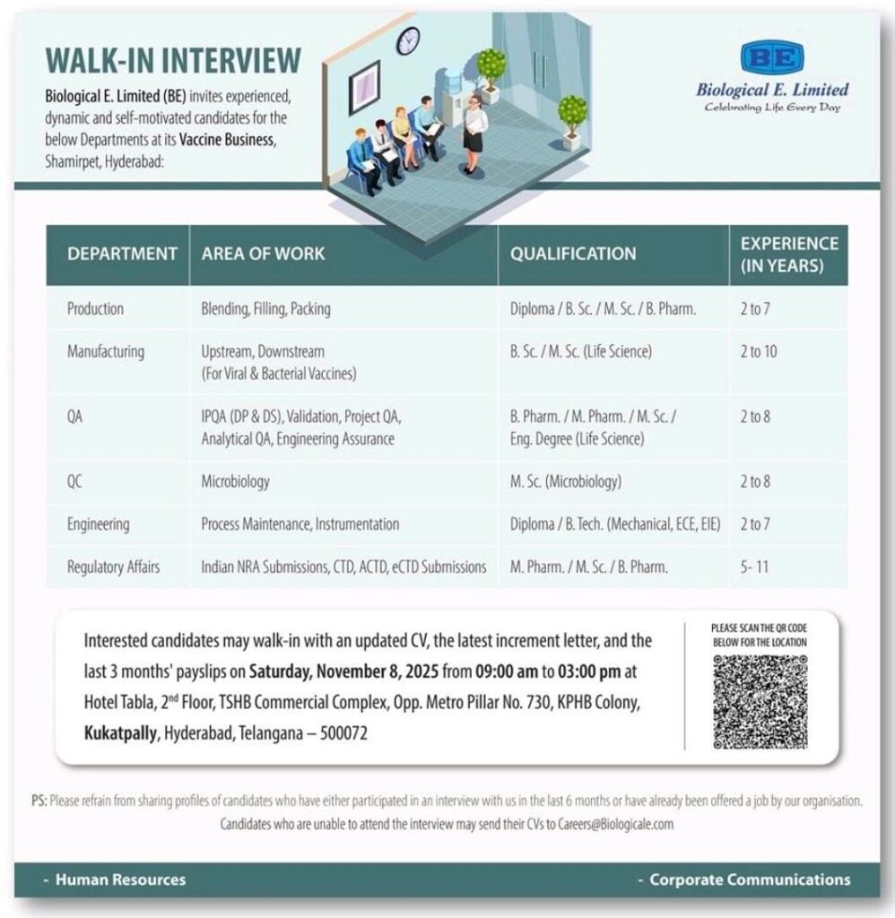 Biological E. Limited Announces Walk-In Interviews for Vaccine Business Roles