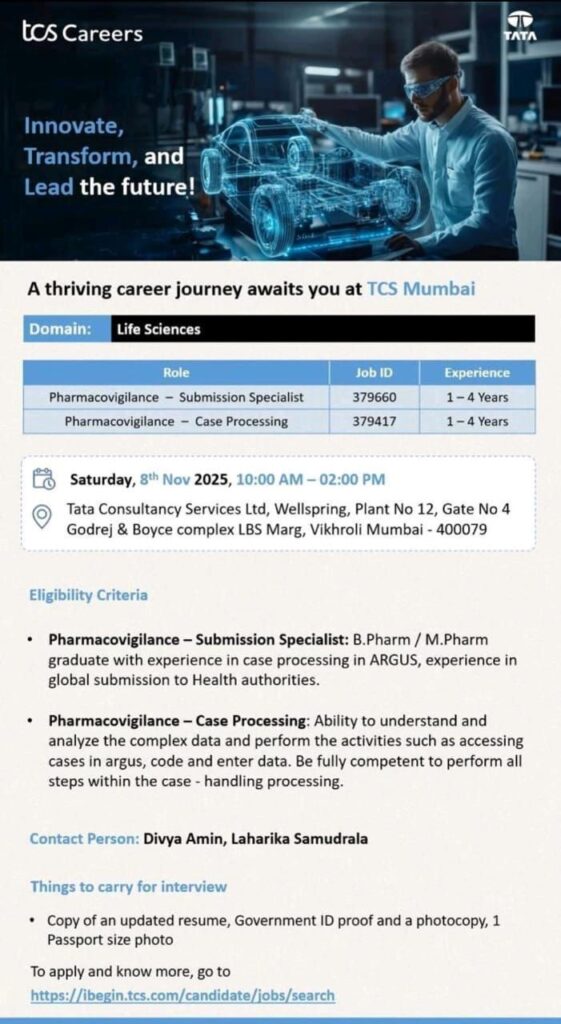 TCS Walk-In Drive for Life Sciences Professionals – Mumbai