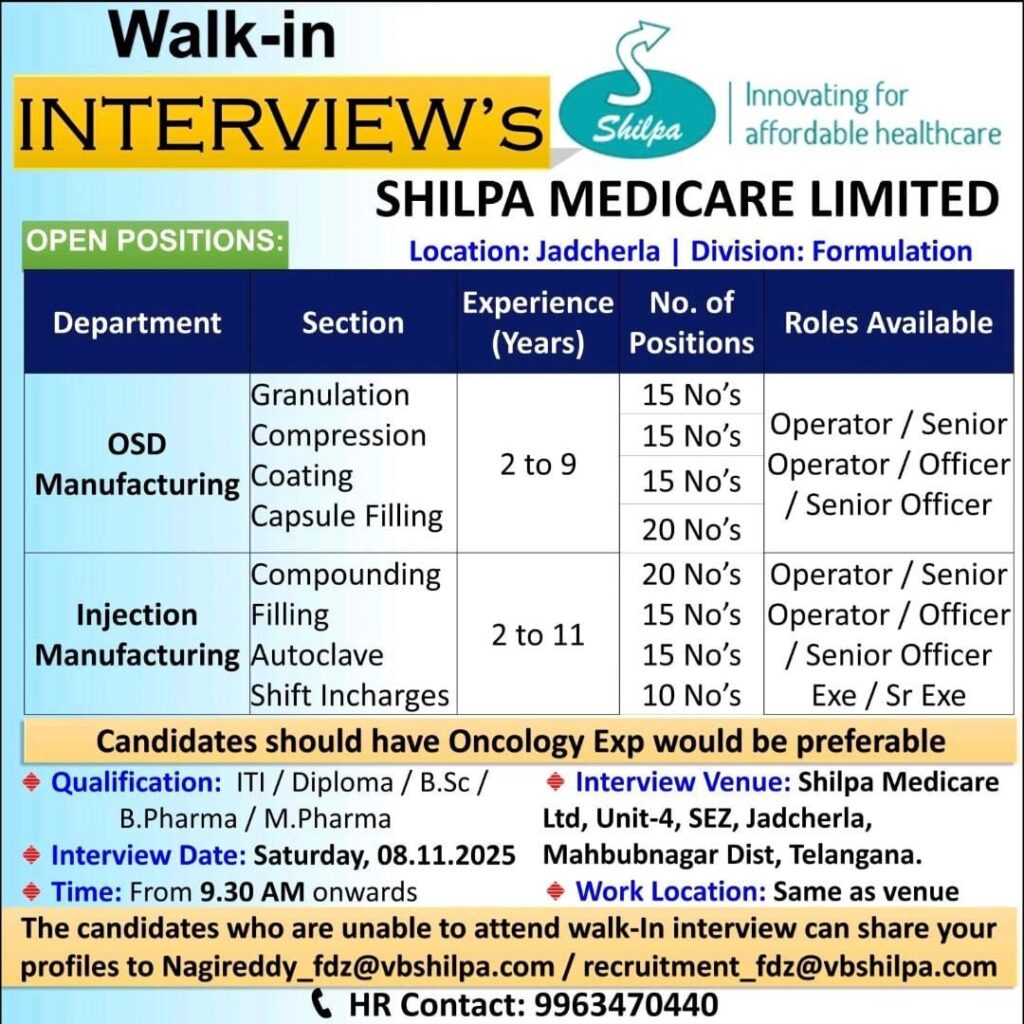 Shilpa Medicare Walk-In Interview 2025 | OSD & Injection Manufacturing Jobs