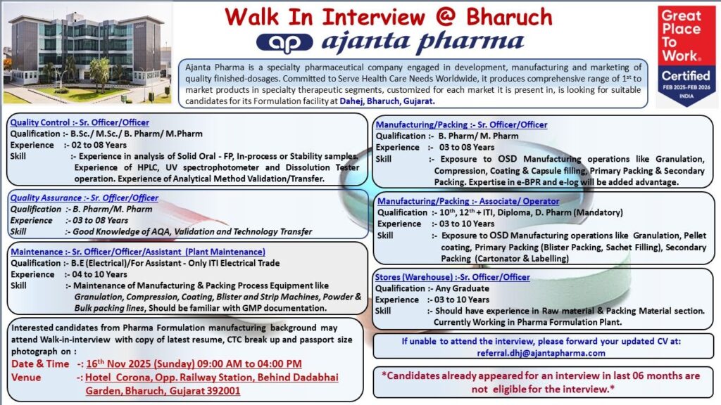 Ajanta Pharma Hiring for Multiple Departments