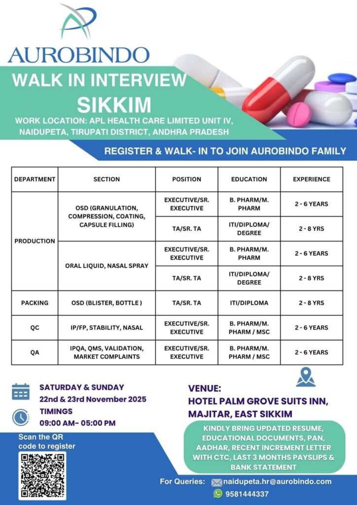 Aurobindo Pharma Walk-In Interview Sikkim 2025 | Multiple Openings