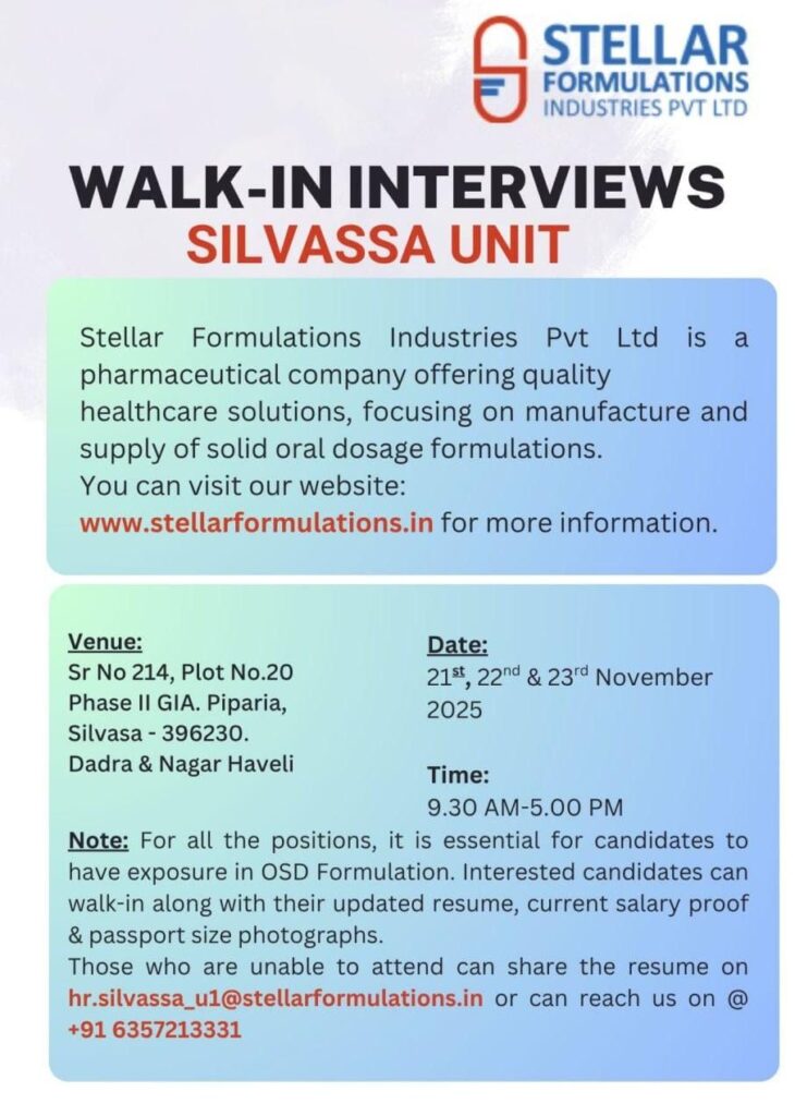 Stellar Formulations Silvassa Walk-In Interview 2025 | Multiple Openings