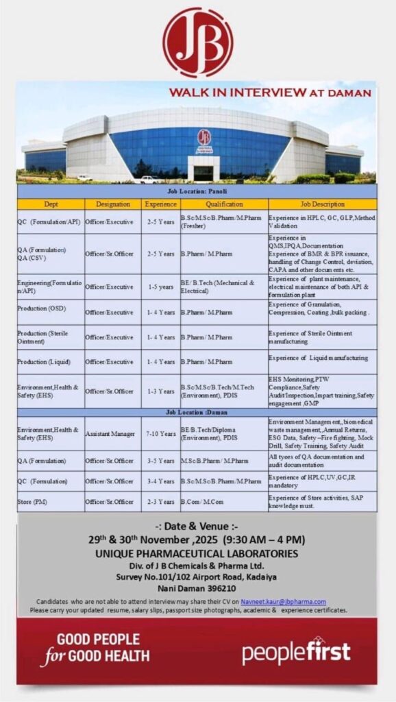 Walk-In Interview at JB Chemicals & Pharmaceuticals